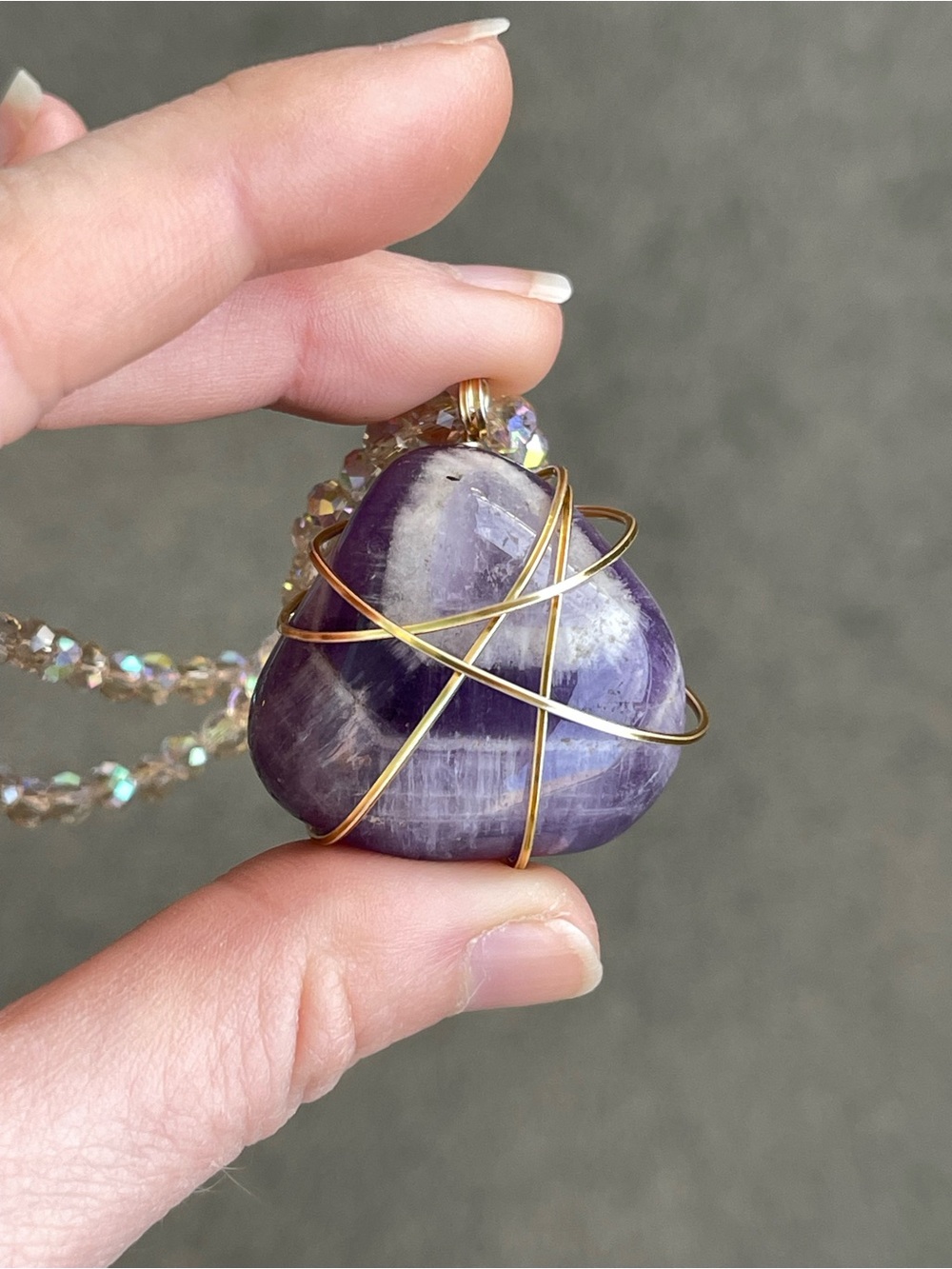 Amethyst Gold Tone Wire Wrap Champagne Glass Beaded Necklace